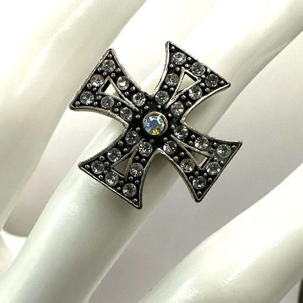 Silver tone  iron cross rhinestone ring